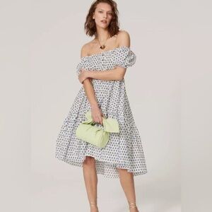 EUC Caroline Constas Bardot Flounce Midi Dress Blue White Size Women’s Small (S)